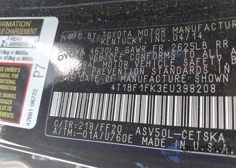 2014 Toyota Camry Se из США, поврежденный, VIN 4T1BF1FK3EU398208